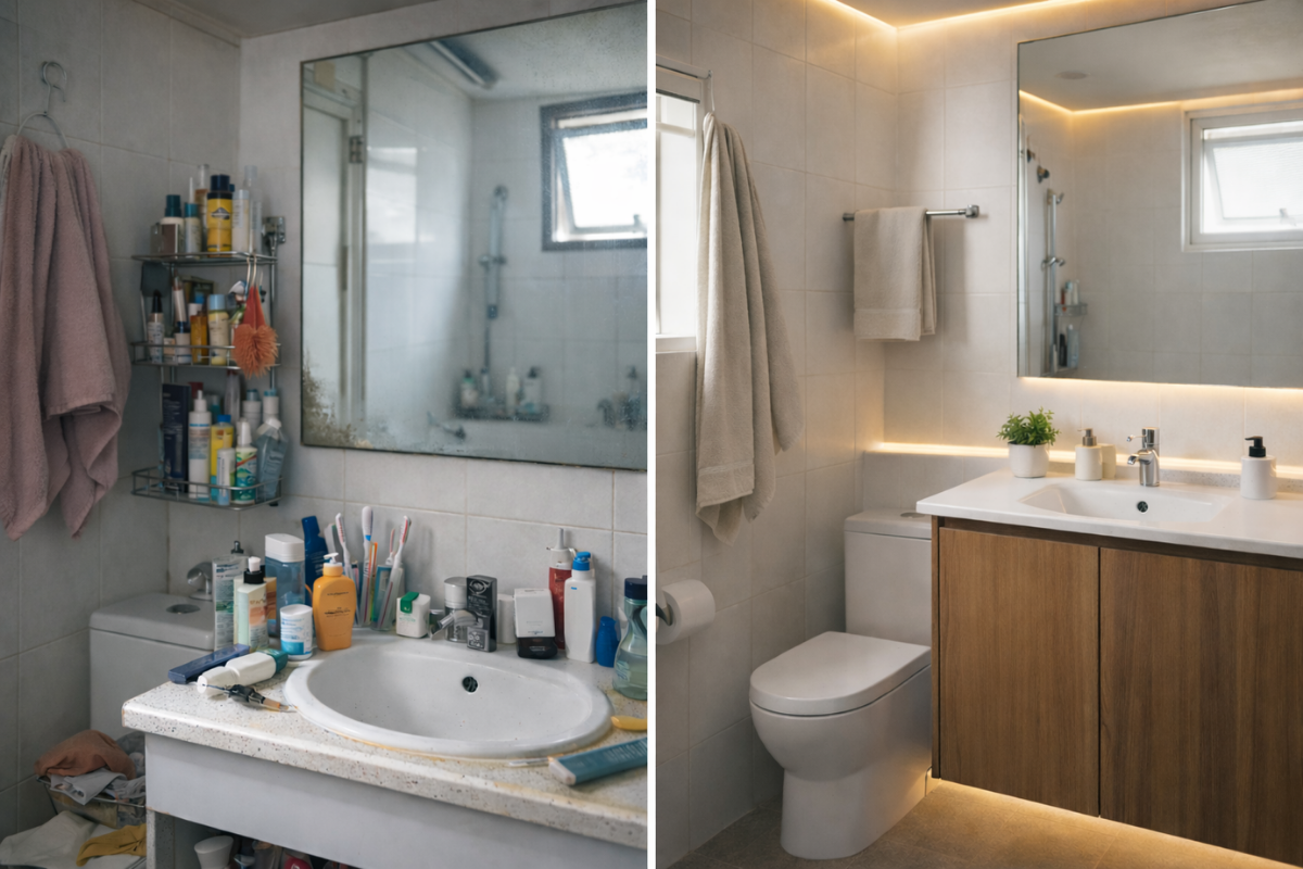 Singapore HDB bathroom renovation before and after with HERA vanity