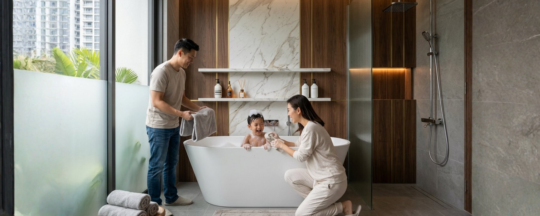 HERA 2028 vision - luxury bathroom with Singapore skyline sunset panorama